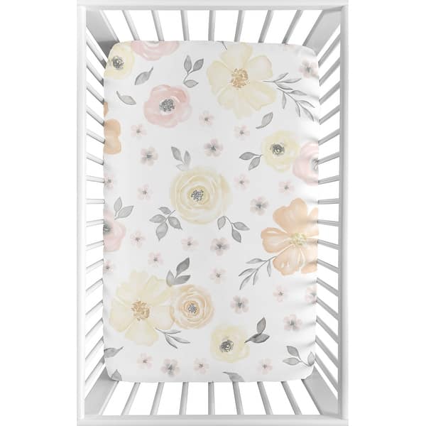 slide 2 of 6, Yellow and Pink Watercolor Floral Baby Girl Fitted Mini Portable Crib Sheet - Blush Peach Grey Shabby Chic Rose Flower Farmhouse
