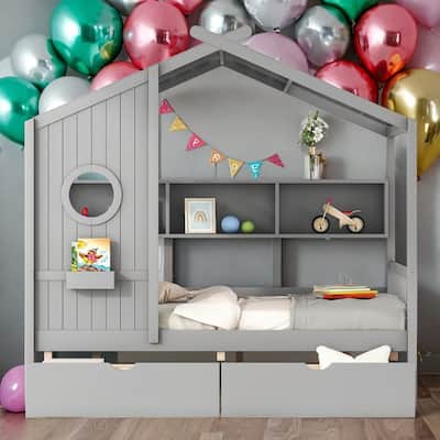 Kids Full Bed House Bed with 2 Drawers and Storage Shelf, Grey