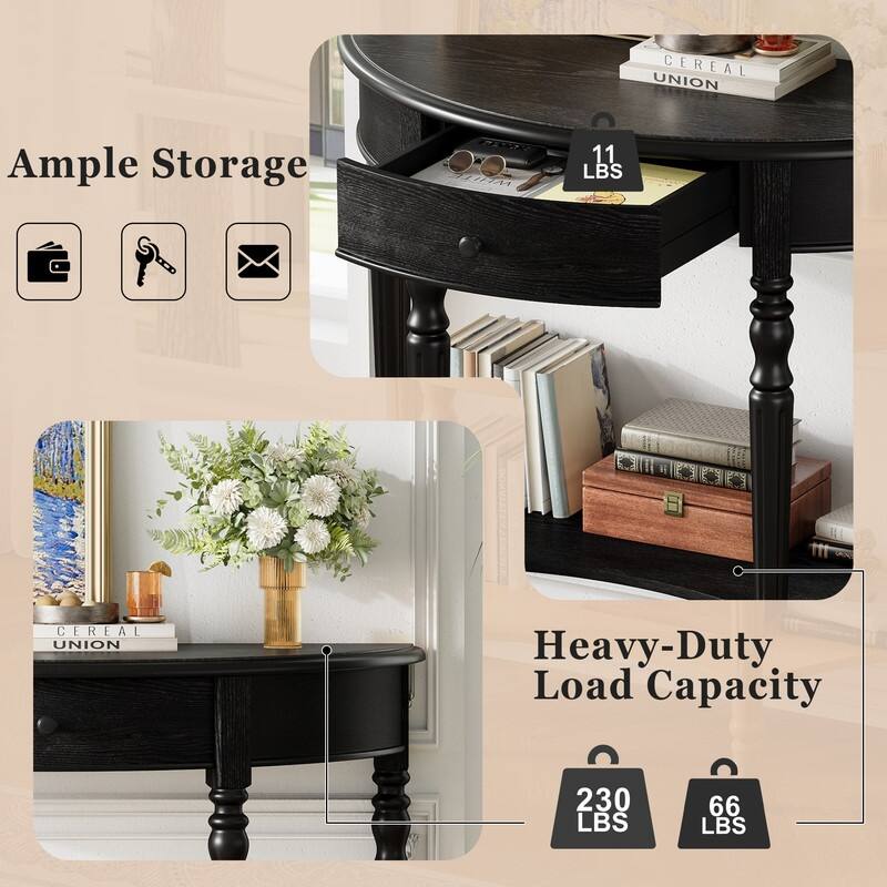 Farmhouse Half Moon Console Table with Drawer and Shelf for Entryway and Living Room Decor