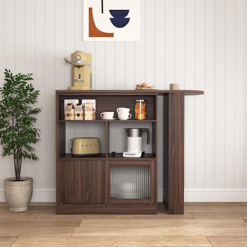 Multi-storage space Modern bar cabinet with swivel top with 2 glass door storage compartments for dining room - Brown