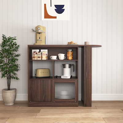 Multi-storage space Modern bar cabinet with swivel top with 2 glass door storage compartments for dining room