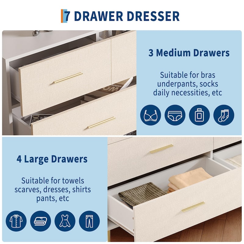 3/5/6/7/8 Drawer Dresser for Bedroom, Modern Wooden Chest of Drawers with Gold Handles
