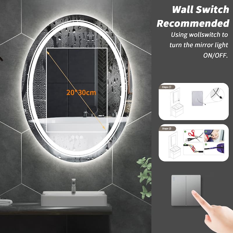 Oval Vanity Mirror with Lights Brightness Adjustment Waterproof Anti-Fog Illuminated Wall with Touch Switch