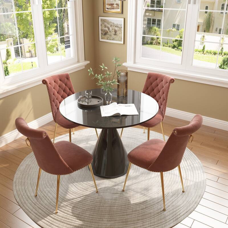 48" Light Luxury Black High Gloss Large Countertop Dining Table with Velvet Dining Chair Set