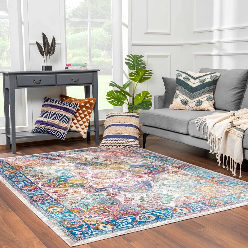 Hauteloom Mardin Oriental Persian Traditional Area Rug - 6'7" x 9' - Blue,, Mustard, Off White, Light Grey, Green, Pink