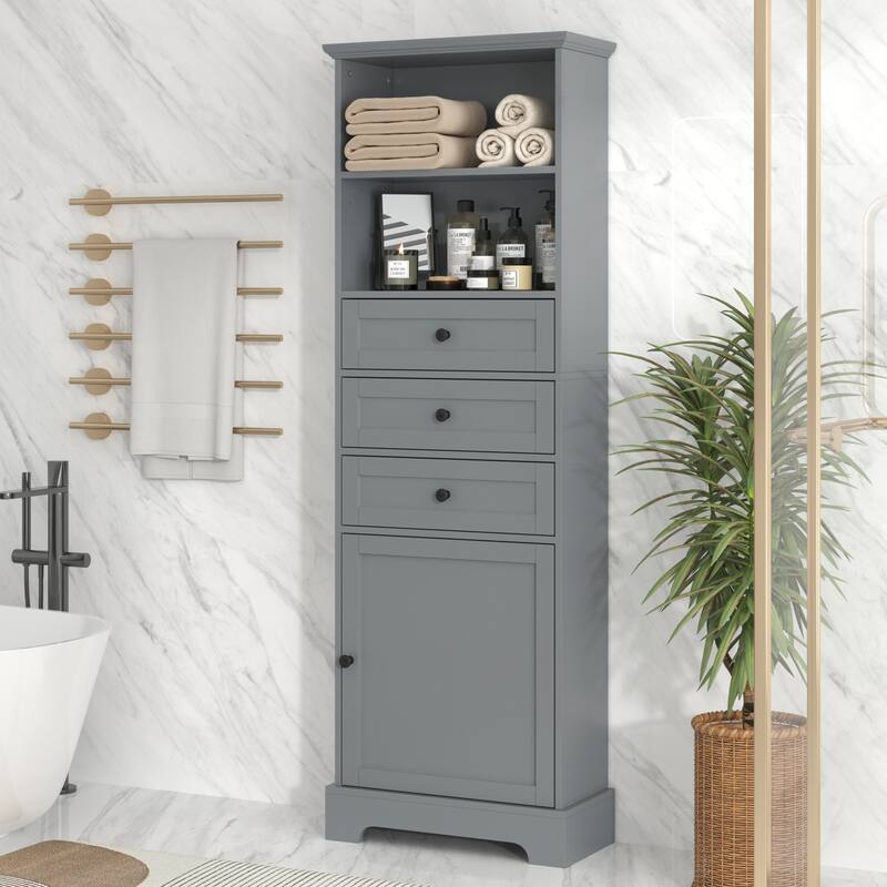 Gray Tall Storage Cabinet with 3 Drawers and Adjustable Shelves for Bathroom, Study, Office and Interior,with Painted Finish