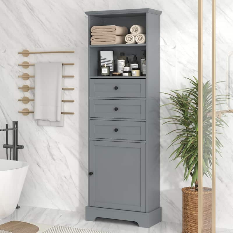 Tall Bathroom Cabinet, Storage Cabinet with Door, 2 Drawers, 3 Open Shelves and Ajustable Shelves for Kitchen Entrance Bedroom