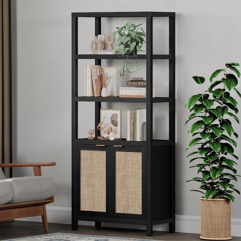 SICOTAS 5 Tier Adjustable Bookshelf with Rattan Storage Cabinet - Black