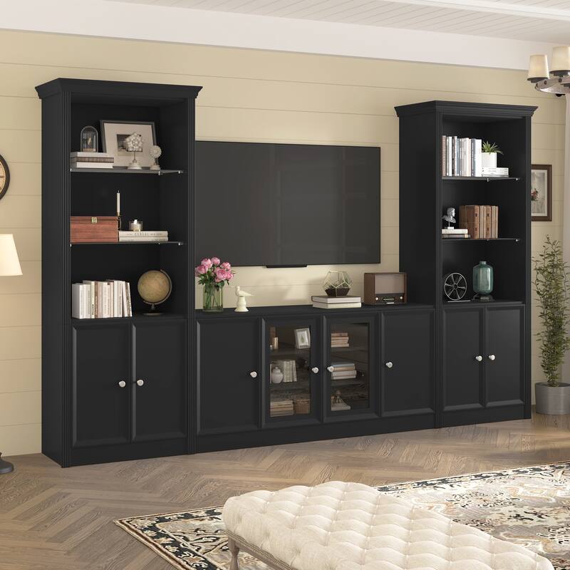 128" Wall Unit Entertainment Center for TVs up to 80", Modern Media Console with Glass Cabinets