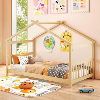 Twin Size Wooden House Bed with Roof Natural Finish