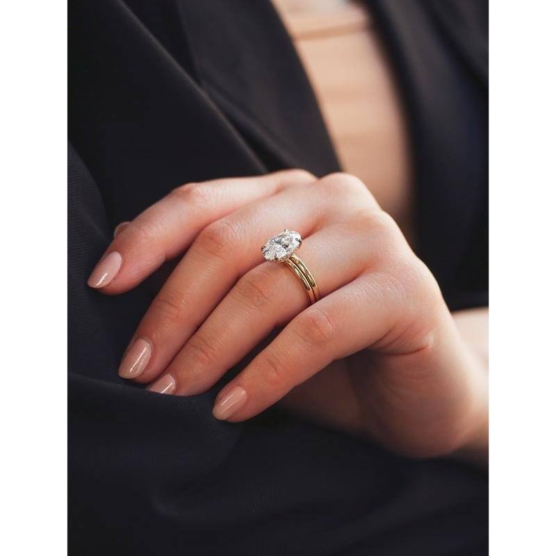 Kobelli Signature Collection 4.1 Carats Moissanite & Diamond 14k Solid Gold Oval Hidden Halo Plain Bands Orah 2pc Bridal Set
