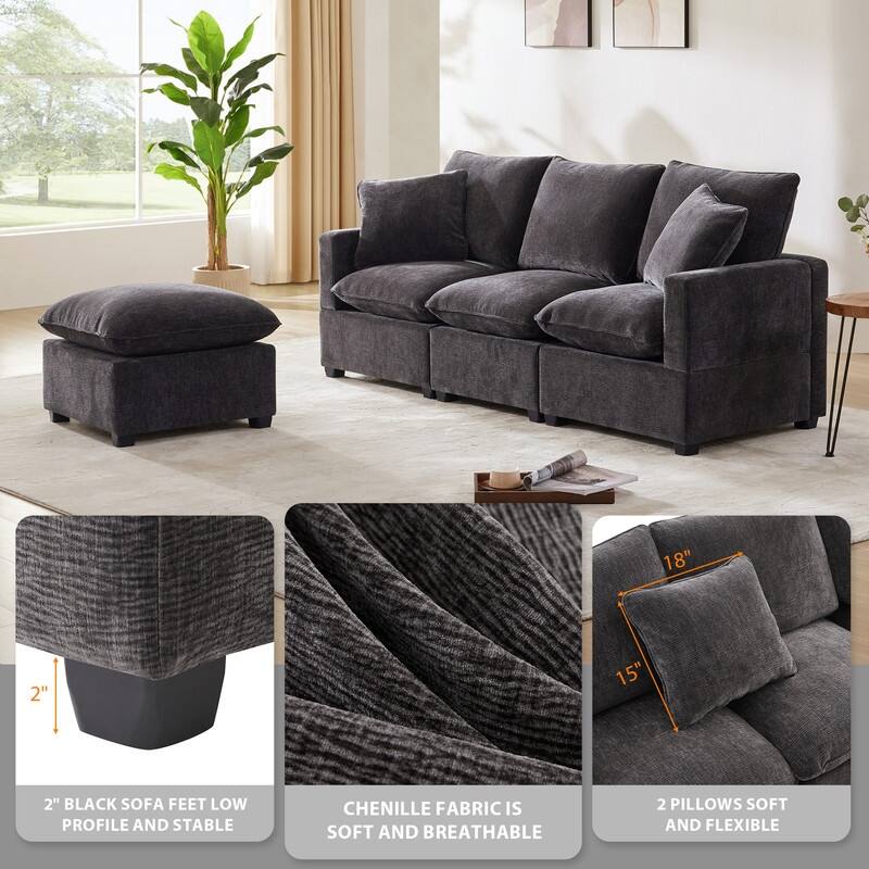84" Modern Chenille Living Room Sofa,3 Seater Sectional Couch with 2 Pillows and Ottoman