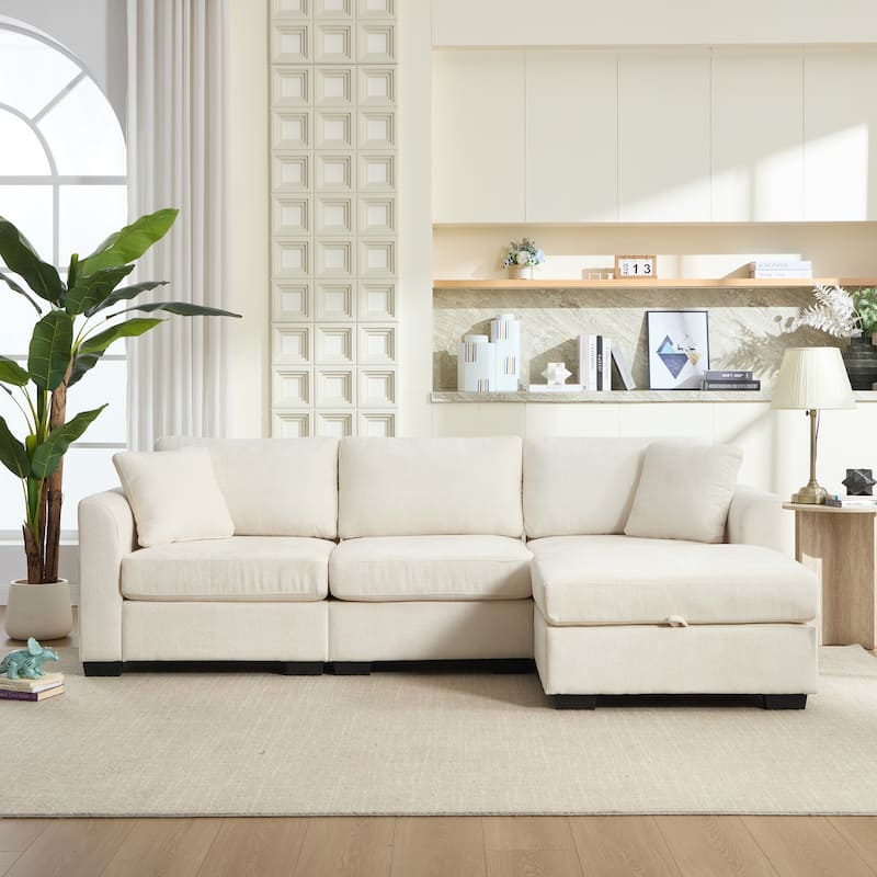 L-Shaped Modular Sectional Sofa with Storage Ottoman, 97" Chenille Corner Couch with USB Ports, Side Pockets