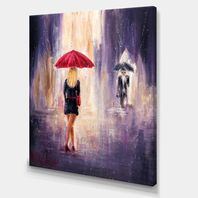 Designart "Lady With Red Umbrella Walking In The Rain" Traditional Canvas Wall Art Print - 44 in. wide x 34 in. high