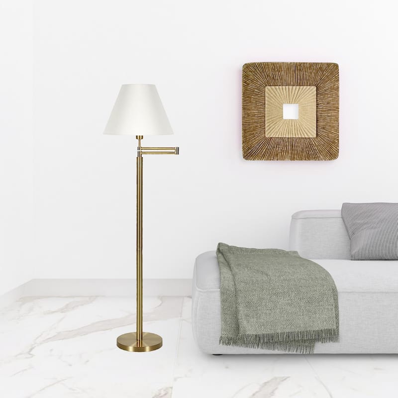 HomeRoots 62" Brass Swing Arm Floor Lamp With White Frosted Glass Empire Shade - 62" Tall - 62" Tall - Gold/White