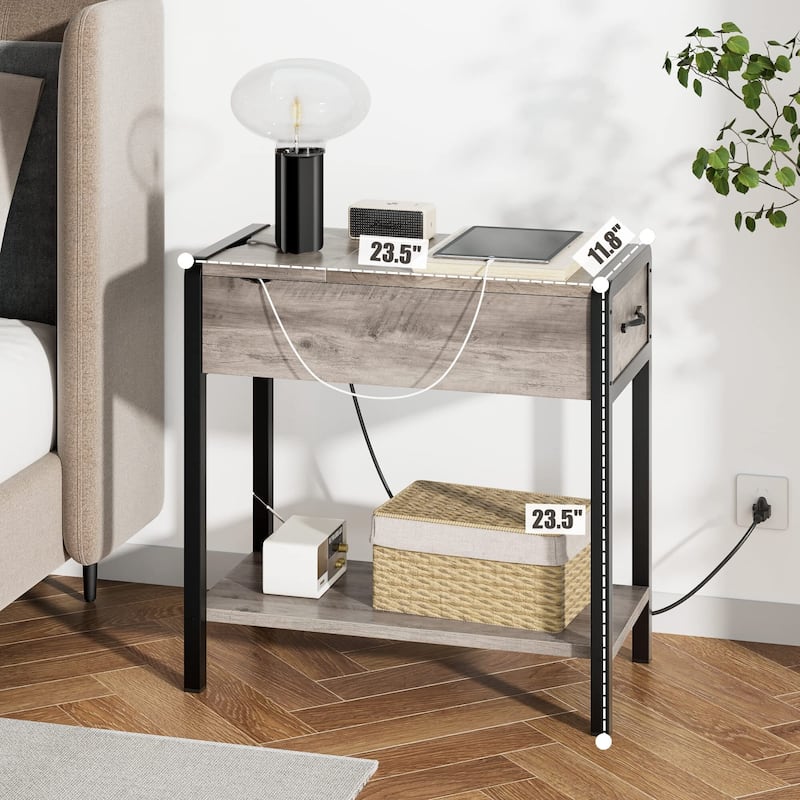 End Table with Charging Station, Narrow Side Table with Drawer and Storage End Table