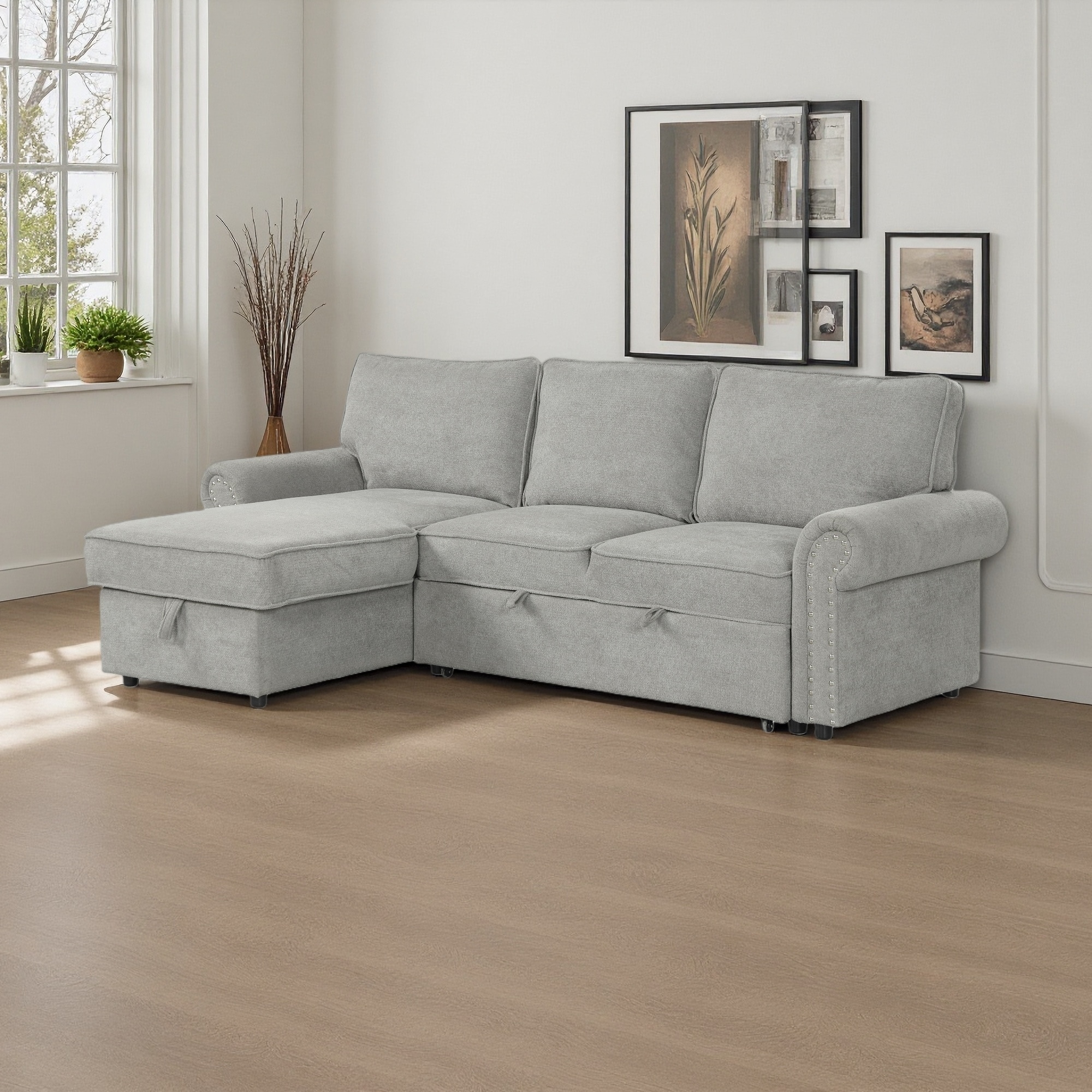 95" Polyester Convertible Sectional Sleeper Sofa with Storage Chaise, 2 Cup Holders and Arc Armrests