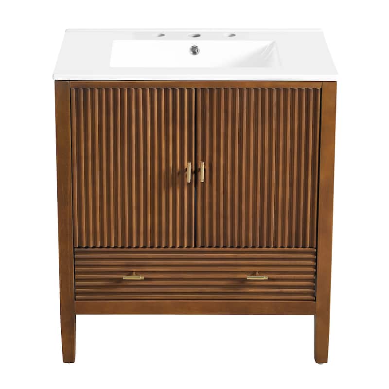 Christopher Knight Home - Mid-Century Freestanding Bathroom Vanity with Ceramic Sink, Flip-Up & Dual Drawers