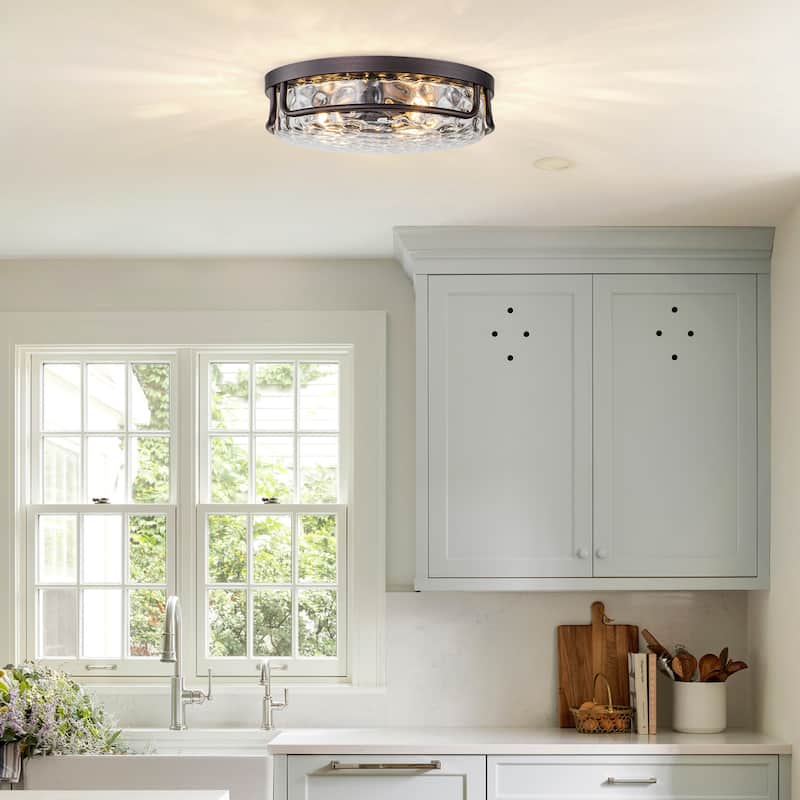Farmhouse 2-Light Flush Mount Light with Water Ripples Glass