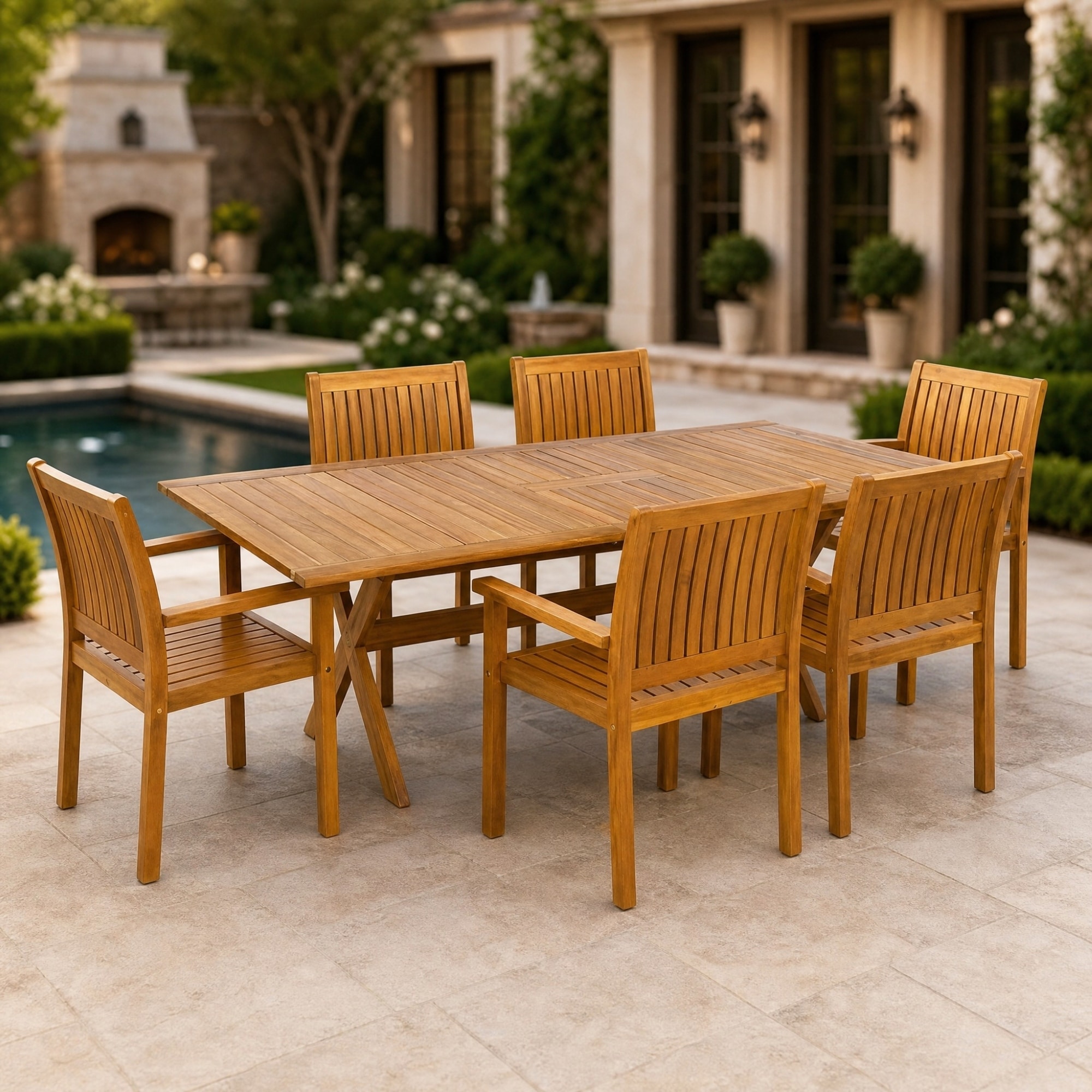 Christopher Knight Home - 7-Piece Outdoor Dining Set Solid Acacia Wood with Extendable Table and Slat-Back Dining Chairs