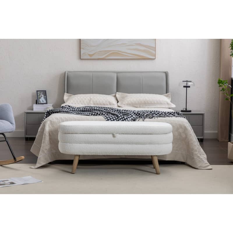 Boucle Fabric Storage Bench Bedroom Bench With Wood Legs For Living Room Bedroom Indoor