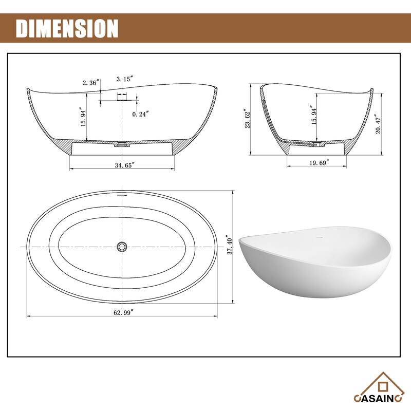 63" Solid Surface Freestanding Bathtub in Matte White/Black/Grey