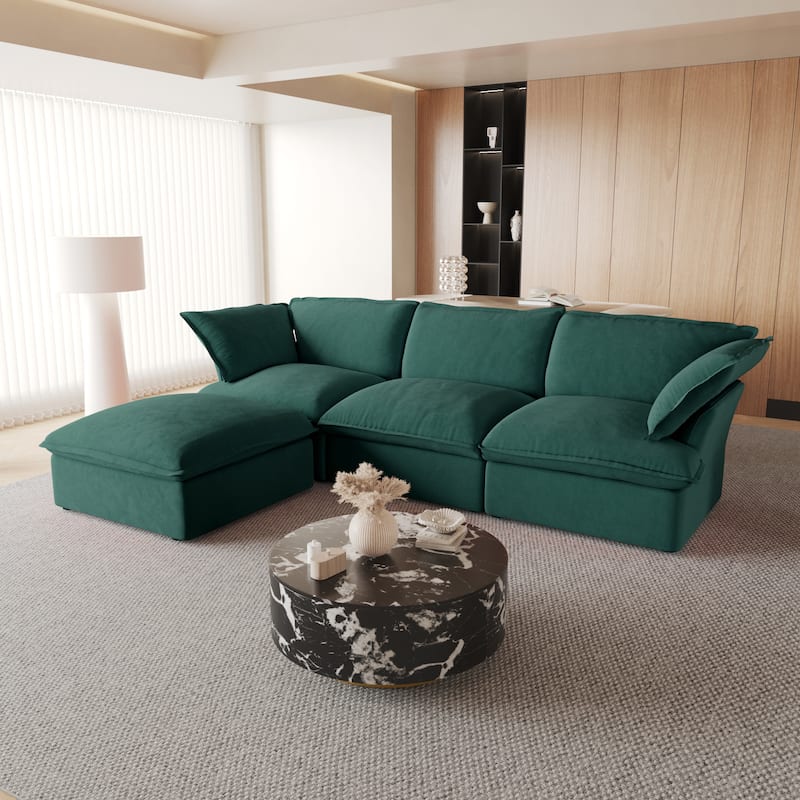 Large Velvet Upholstered Sectional Sofa 122'' L-shape Modular Couch with Ottoman