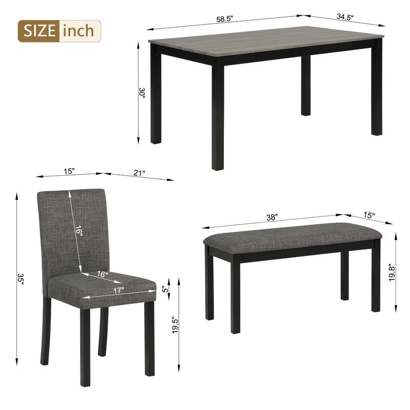 6 Piece Kitchen Dining Table Set with Rectangular Table and 4 Upholstered Dining Chairs and Bench