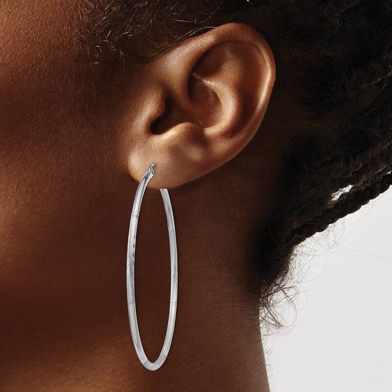 Curata 14k White Gold Satin and Sparkle Cut 52x2mm Round Hoop Earrings