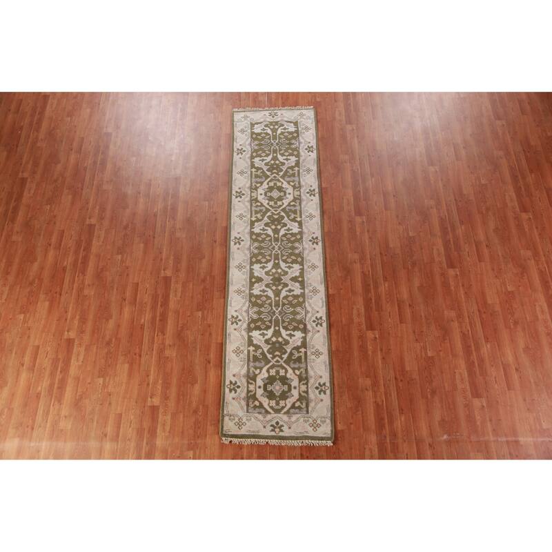 Green Oushak Oriental Runner Rug Handmade Wool Carpet - 2'6"x 9'8"