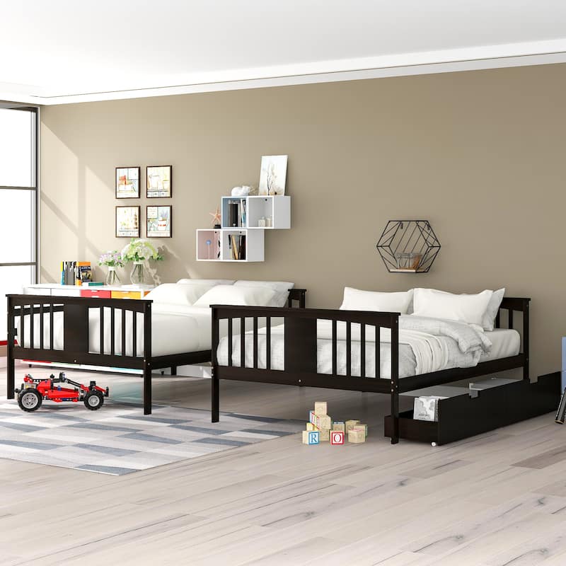 Full Over Full Bunk Bed with Drawers and Ladder, Space-Saving Bedroom Furniture in Espresso