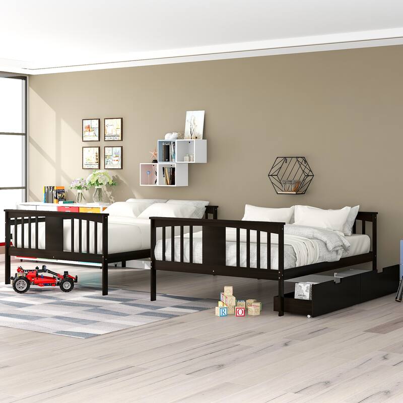 Full Pine Bunk Bed with Drawers, Ladder, and Headboard, Convertible to Two Beds