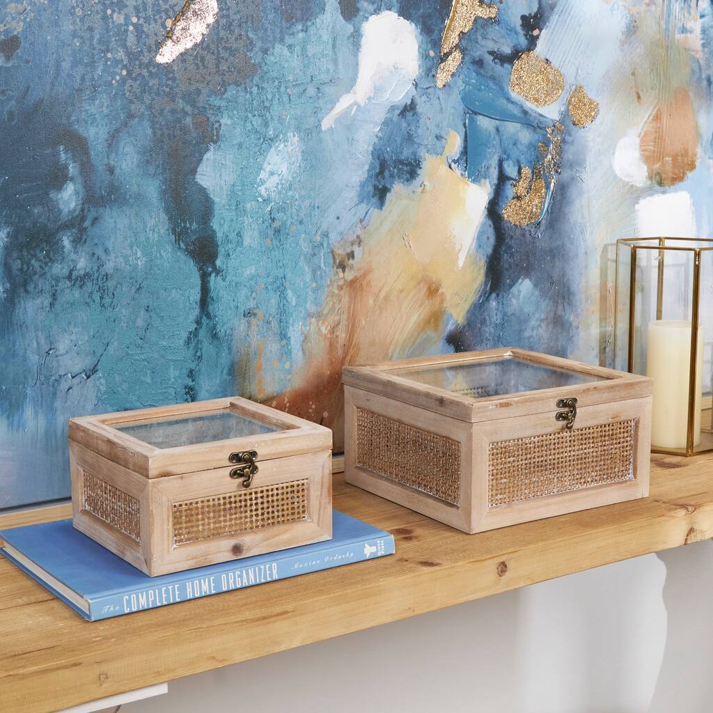 Light Brown Wood Glass Top Decorative Box with Rattan Side Panels and Bronze Hook Closures (Set of 2)