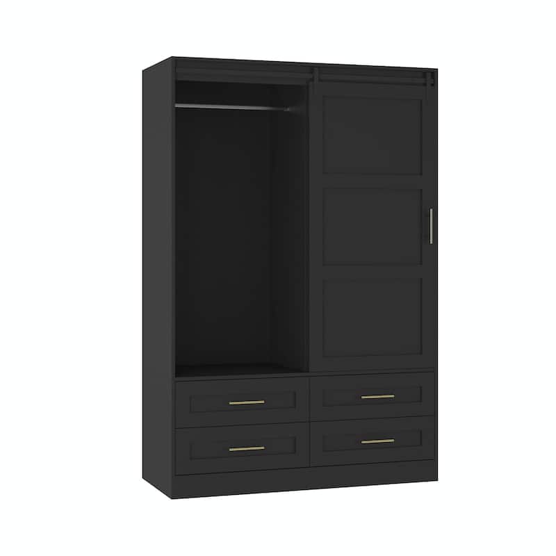 Tall Bedroom Armoire Wardrobe Closet with Hanging Rod, Barn Door, Drawers, and Open Shelves