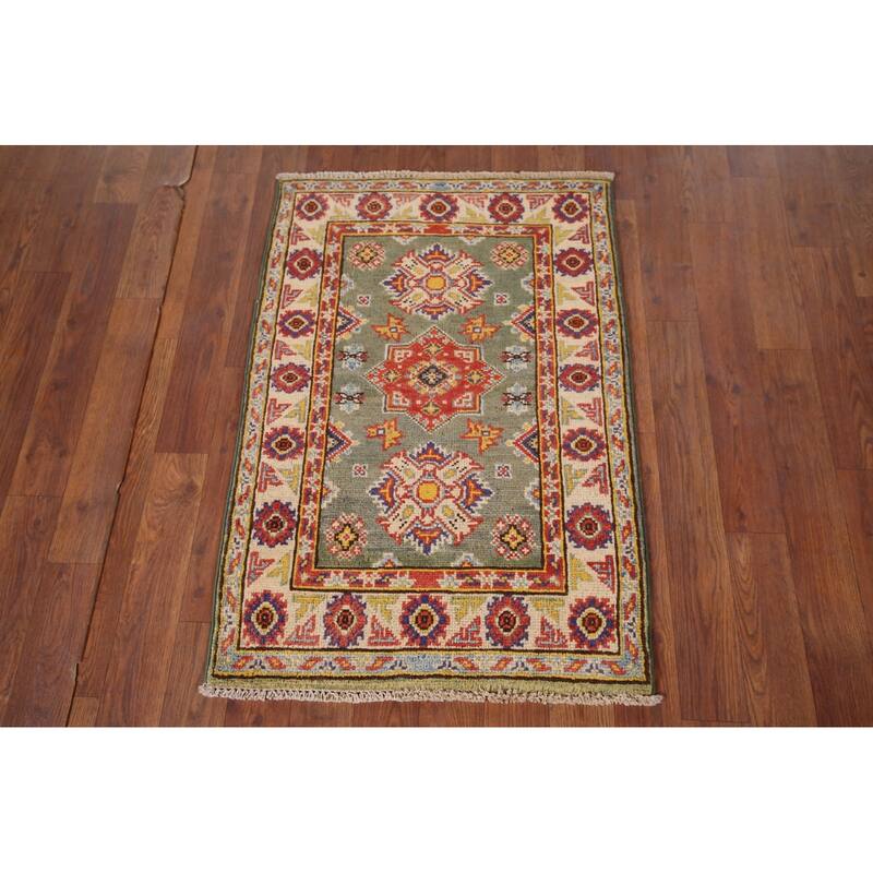 Geometric Kazak Foyer Rug Hand-Knotted Green Wool Carpet - 2'0" x 2'10"