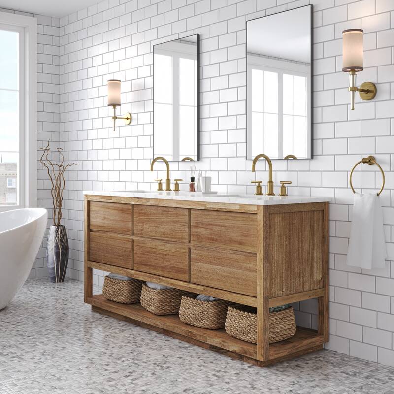 Oakman Mango Wood Carrara White Marble Countertop Bath Vanity with Faucet