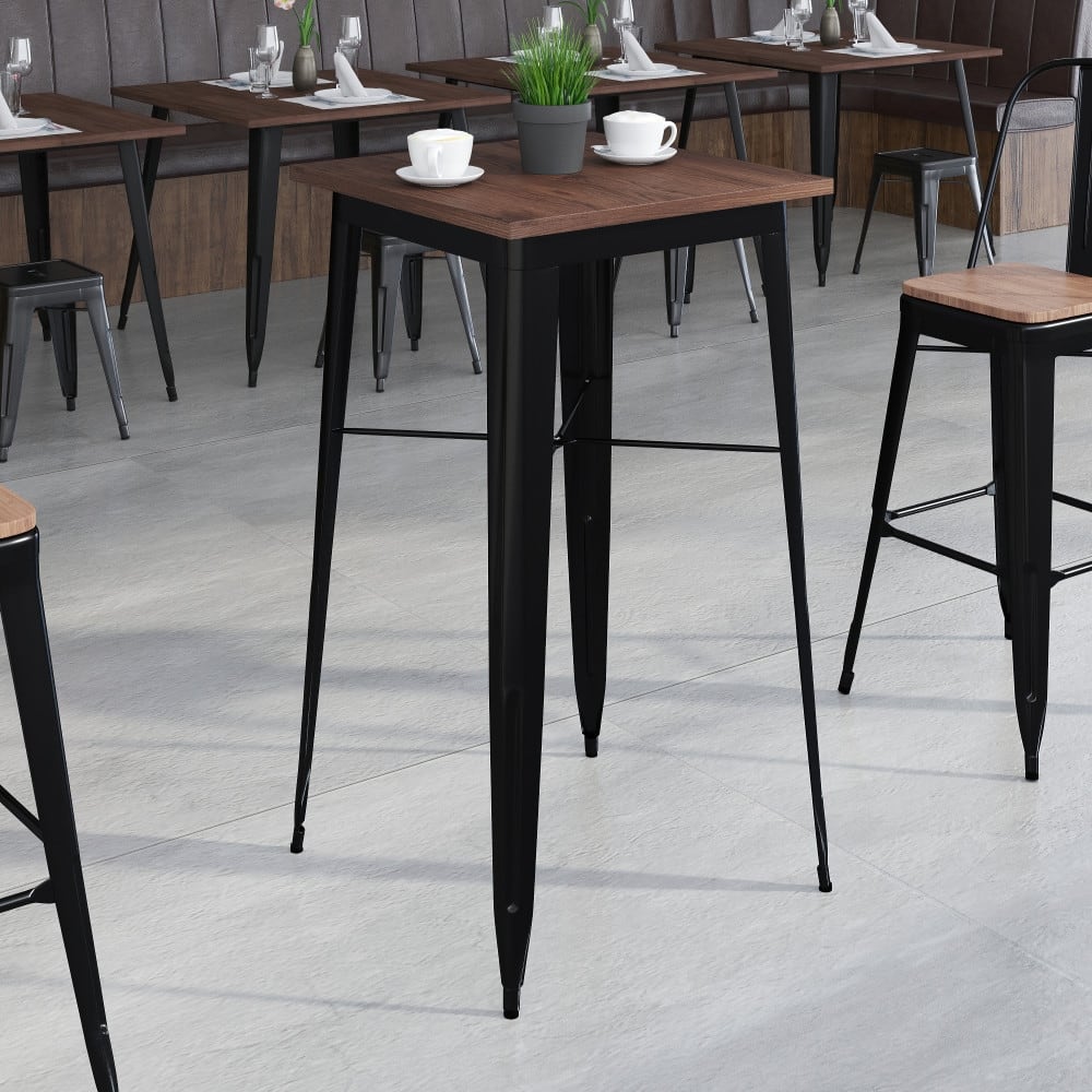 23.5" Square Metal Indoor Bar Height Table with Rustic Wood Top - 23.5"W x 23.5"D x 42"H - 23.5"W x 23.5"D x 42"H