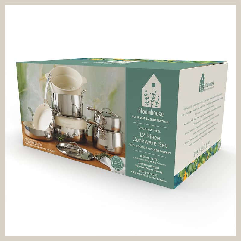 Bloomhouse 12 Piece Triply Stainless Steel Cookware Set w/ Non-Stick Non-Toxic Ceramic Interior and Ceramic Steamer Inserts