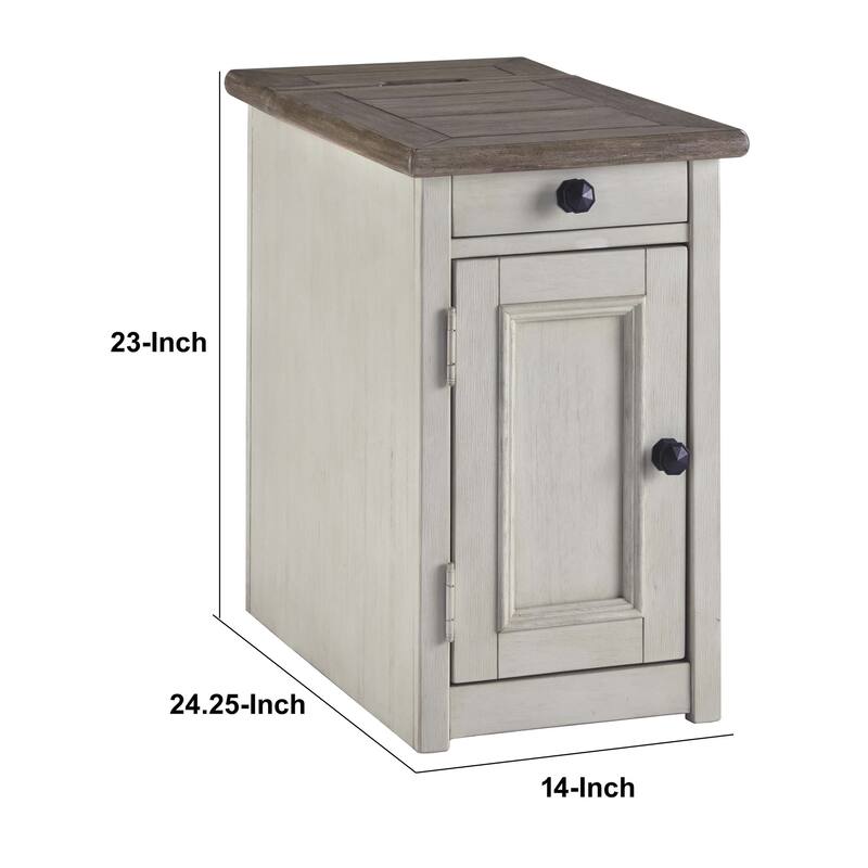 Chair Side End Table with 1 Cabinet and Pull Out Tray, White and Brown