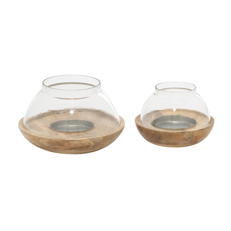 Brown Wood Tealight Hurricane Lamp (Set of 2)
