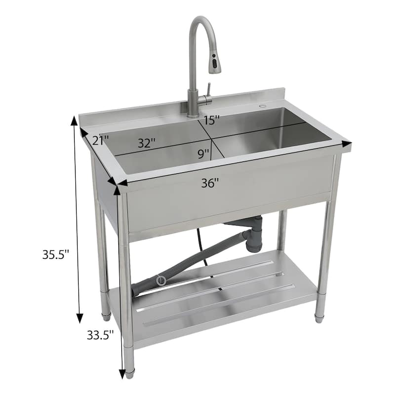 36 Inch Freestanding Integrated Single Bowl 18 Gauge Stainless Steel Kitchen Sink with Pull-Out Faucet - 36'' x 21'' x 35.5''