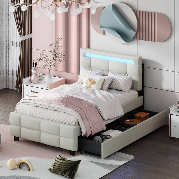 slide 2 of 16, Twin Size Upholstered Platform Bed with LED Frame and Storage Drawers , Contemporary Style and Practical Design Beige