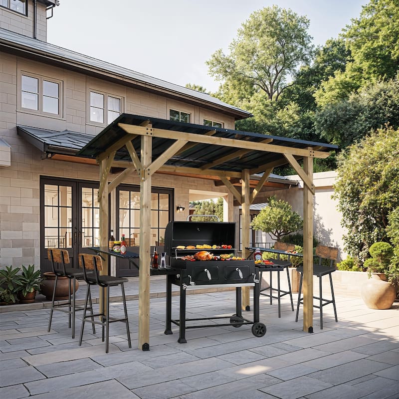 Aoodor 8' x 5' Wooden Grill Gazebo, Outdoor Hardtop Gazebo with Sloping Metal Roof and 2 Side Shelves