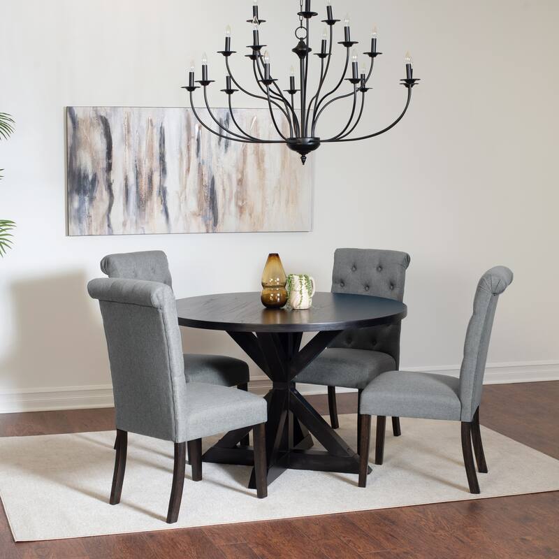 Modern 5-Piece Dining Set with Round Cross Base Table & 4 Tufted Chairs