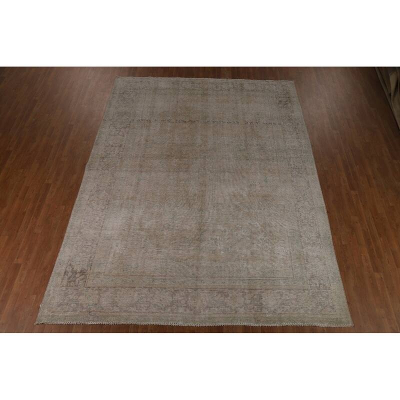 Distressed Beige Tabriz Persian Vintage Rug Hand-Knotted Wool Carpet - 9'1"x 11'9"
