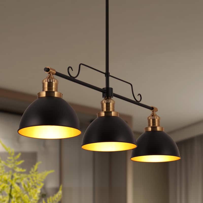Modern 3-Light Black Gold Linear Chandelier Industrial Metal Pendant Lights for Dining Room - L 34.5" x W 8"x H 11"