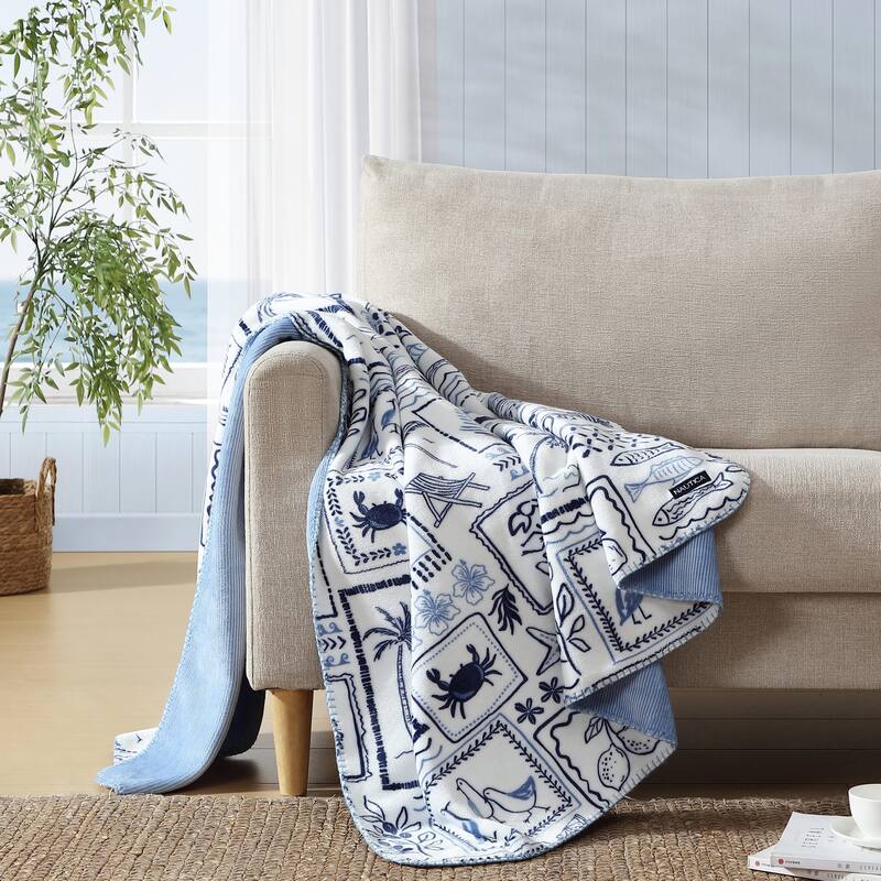 Nautica Plush Fleece Reversible Throw Blanket