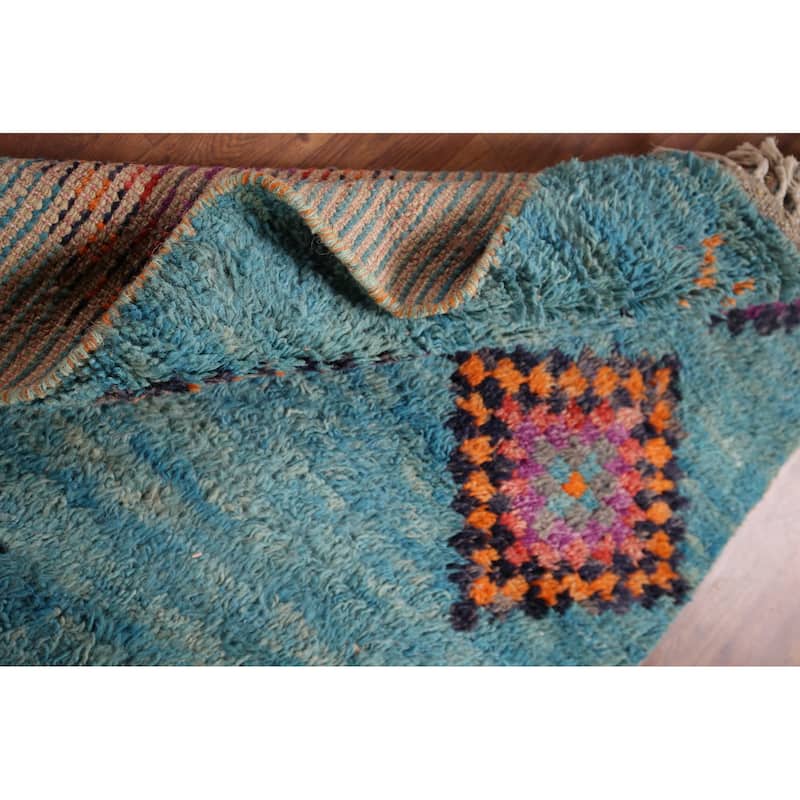 Plush Geometric Blue Moroccan Accent Rug Hand-Knotted Wool Carpet - 3'1" x 5'7"