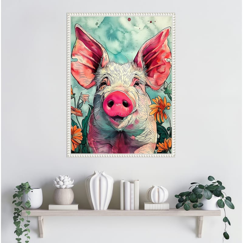 Pig in Flowers by Justyna Jaszke Framed Canvas Wall Art
