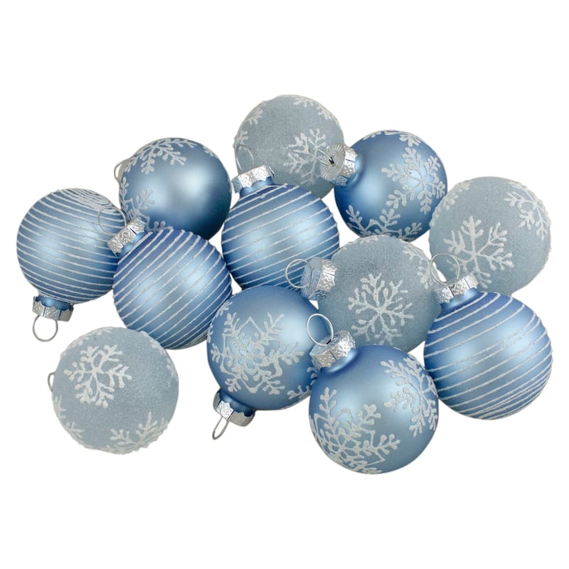 12ct Light Blue Glitter Textured Glass Christmas Ball Ornaments 1.75"